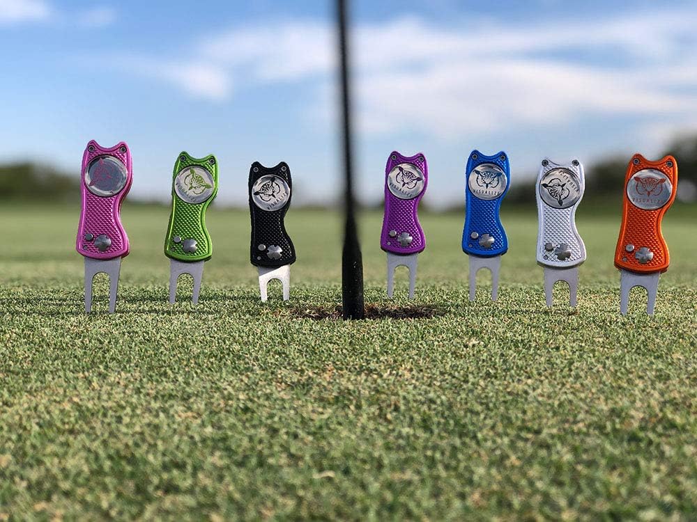 VISUALIZE Elite Switchblade Golf Divot Repair Tool Set with Ball Marker - Sturdy Anodized Aluminum - Perfect Golf Accessory Gift