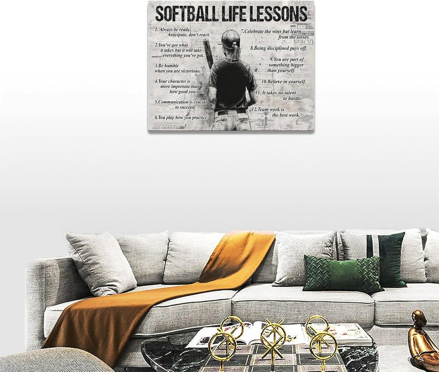 Softball Sports Wall Art Softball Life Lessons Wall Decor Softball Sign Retro Poster Boy Girls Men Room Motivational Decorations Canvas Print Painting Artwork for Bedroom Bathroom Living Room 16"x12"