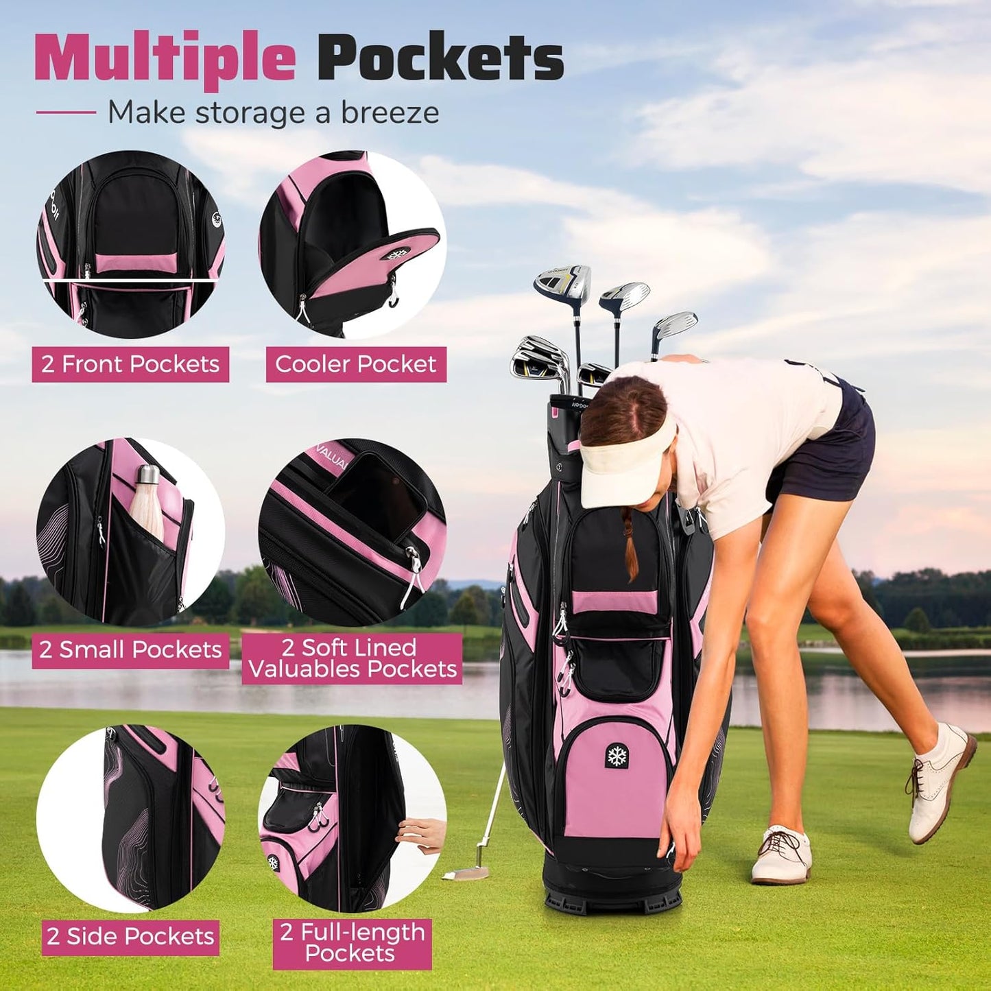 Goplus Lightweight Golf Cart Bag, Molded Lock Top Golf Club Bag w/14-Way Full Length Organizer Dividers, 11 Pockets, Cooler Bag, Straps, Umbrella Holder & Rain Hood for Men Women