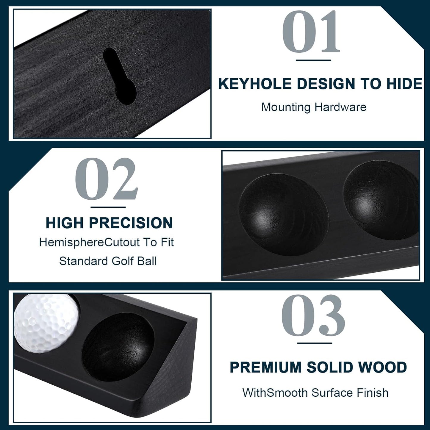 1 Pack Wooden Golf Ball Display Case 6 Standard Size Wall Mount Golf Ball Stand Holder Display for Collector Sport Memorabilia Accessories Gift (Black)