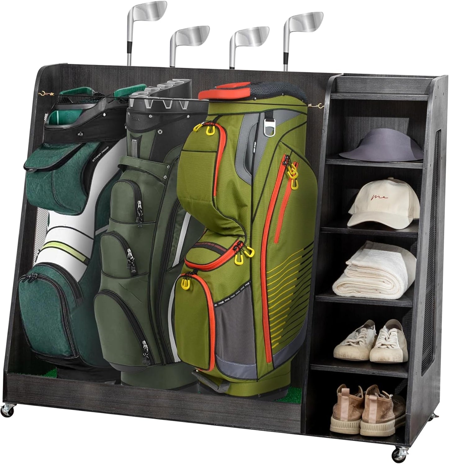 Wooden Golf Bag Organizer Garage Large Golf Bag Storage Rack Stand with Wheels Fits 3 Golf Bags, Golf Clubs and Other Golfing Equipment Accessories Golf Bag Holder for Garage, Club, Shed Basement