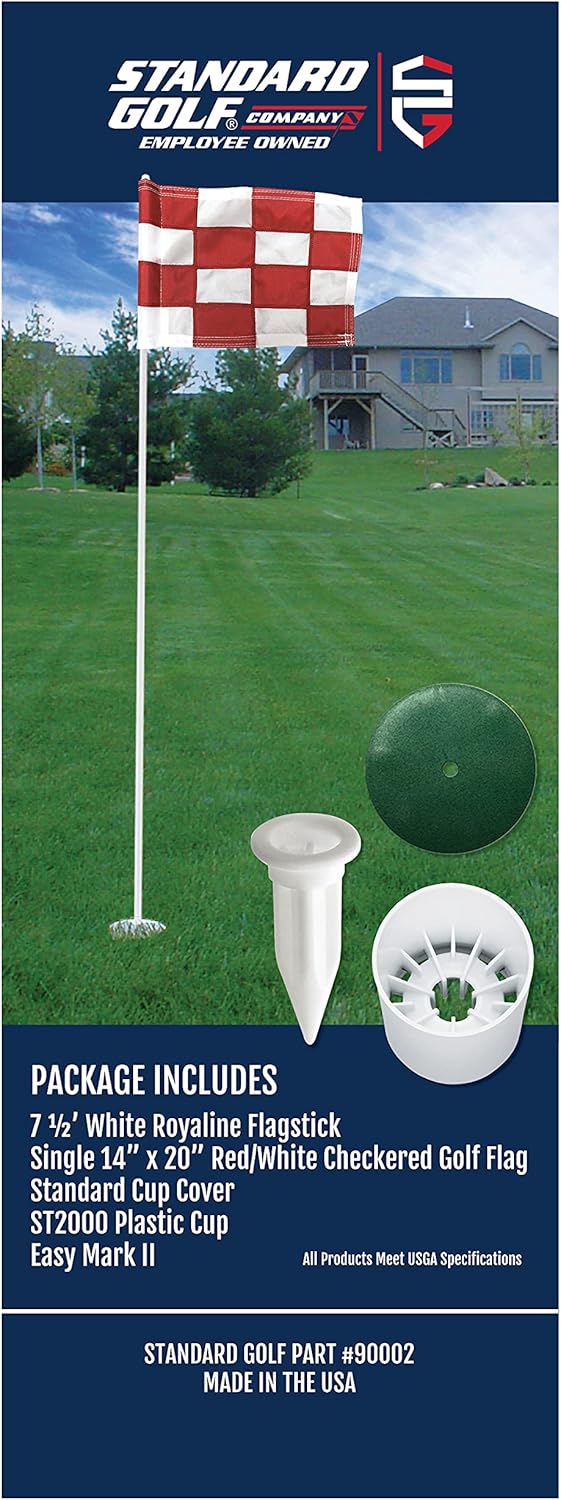 Standard Golf Regulation flagstick, cup & pin flag to use in your backyard or other open space for practice. Use the same products as used by golf courses all over the world and on tour.