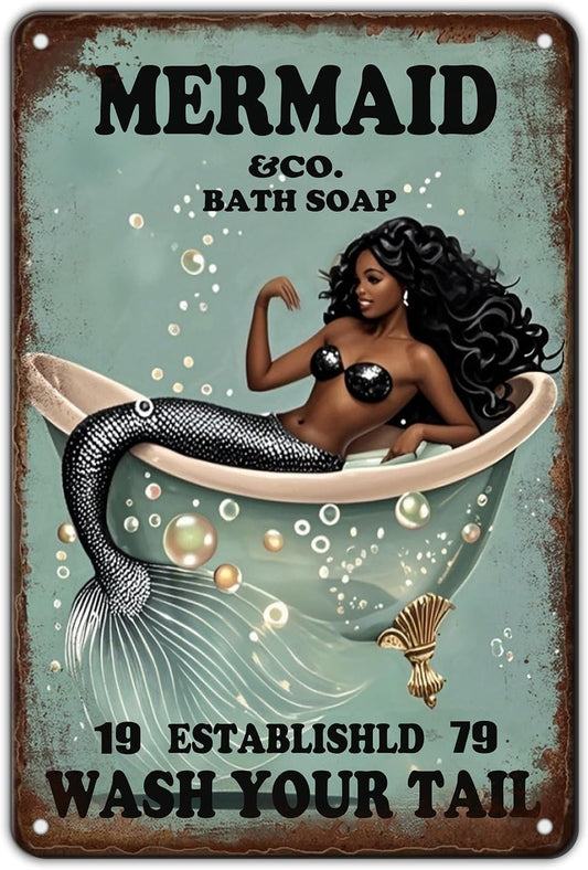 Funny Mermaid Company Bath Soap Metal Signs Wash Your Tail Sign Vintage Tin Sign Wall Decor Retro Tin Signs for Room Living Room Bathroom Toilet Hotel 12x8 Inch