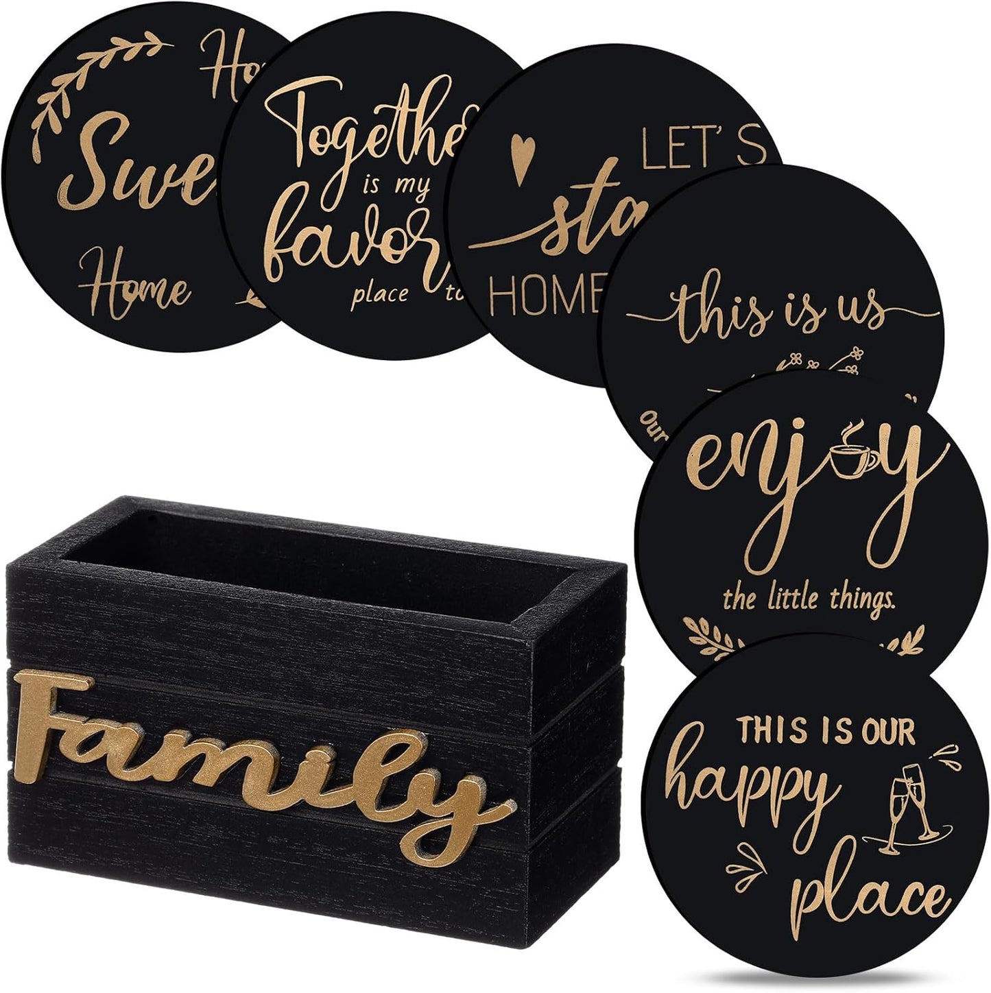 Queekay Housewarming Gifts for Home Decoration Wooden Heart Coasters for Drinks 6 Set Farmhouse Coasters with Holder Funny for Family Coffee Table Protection, 4''(Black Gold)