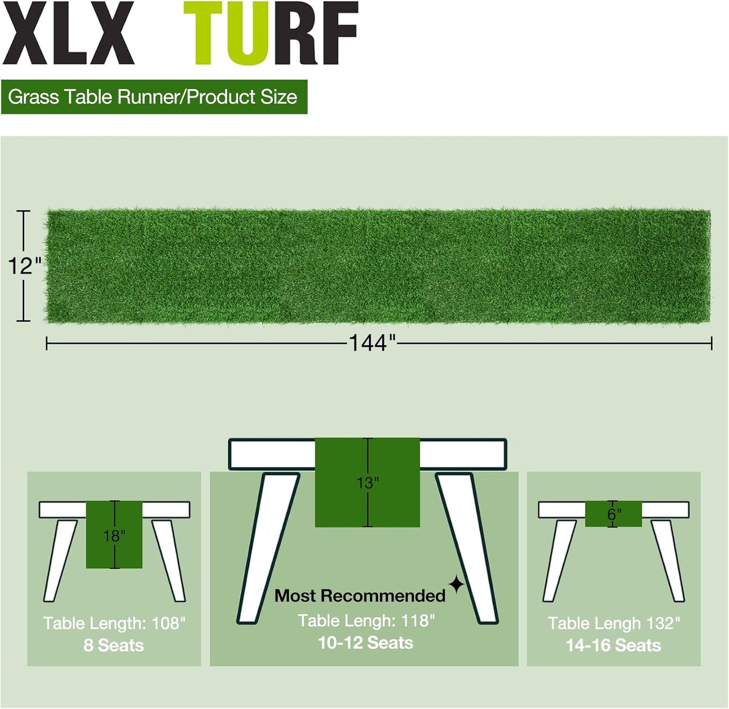 XLX TURF Green Faux Grass Table Runner 12 x 144 Inch, Artificial Turf Table Centerpiece Golf Theme Decor Summer Spring Birthday Party, Wedding, Baby Shower