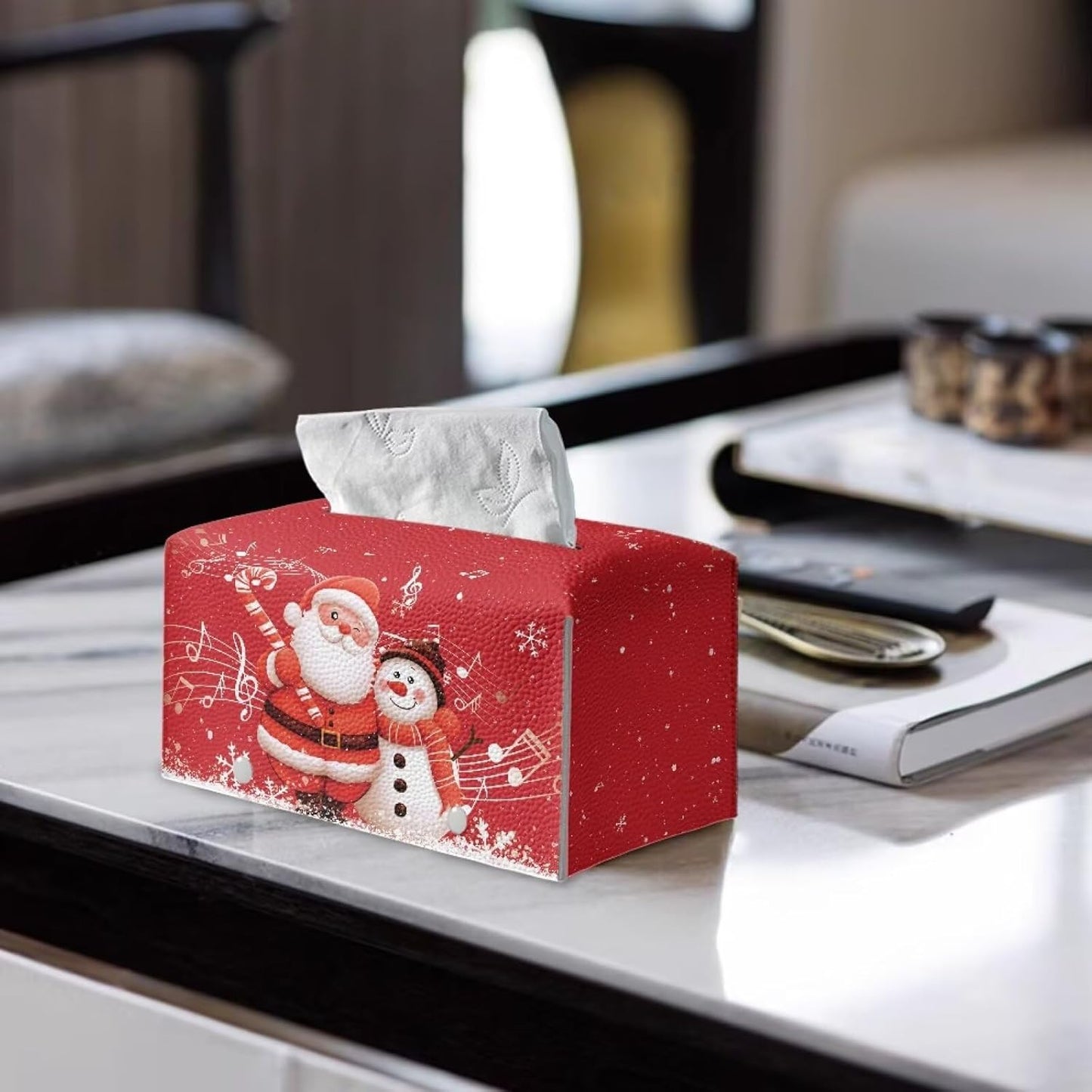 Red Tissue Box Cover Christmas Santa & Snowman Tissue Cover Xmas Home Decor Waterproof Leather Facial Paper Box Holder for Desk Bathroom Vanity Countertop