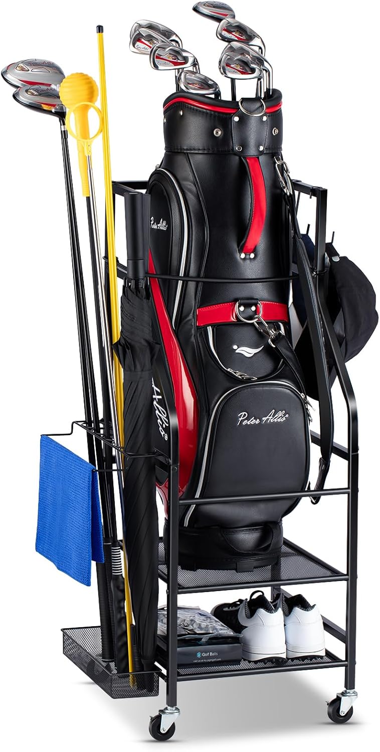 Golf Bags Storage Garage Organizer - Golf Bag Stand Fit Single Golf Bags, Golf Clubs, and Golf Equipment Accessories, Golf Bag Storage Rack with Wheels for Garage, Club, Shed, Basement