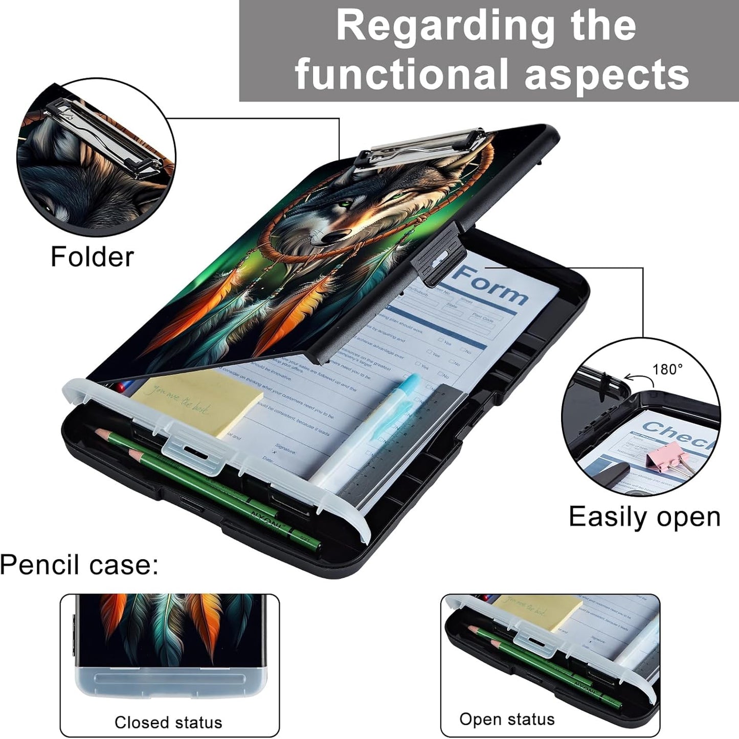 Clipboard with Storage - Large Capacity,Nursing Clipboard with Pen Holder,Heavy Duty,Plastic Side-Opening Folder for Teacher,Nurse - Wolf Dreamcatcher