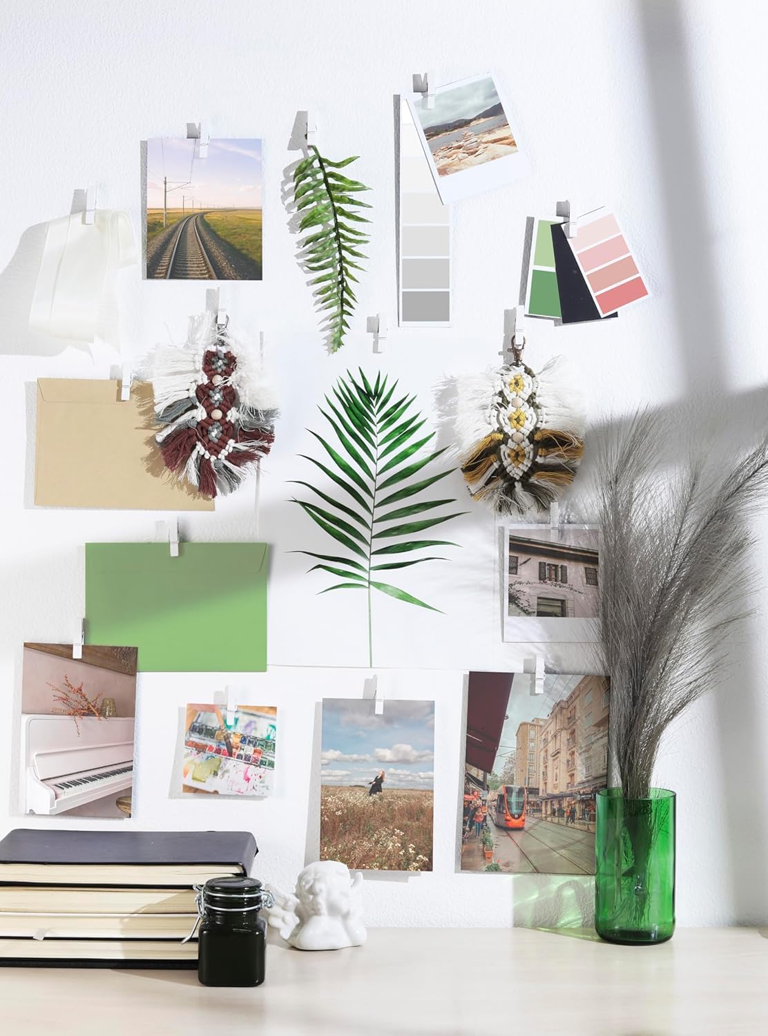 50 Pack Mini Self Adhesive Clips for Pictures - White Wood Clip Photo Holders for Wall, Poster Hanger, Photo Cards Hanging Display Board & Picture Boards, Artwork Photos Holders Card Room Decor