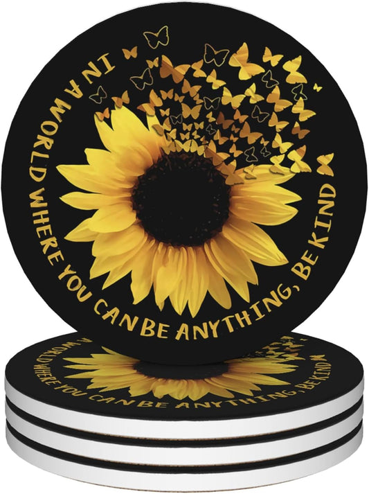 Coasters for Drinks,Set of 4 Absorbent Coasters,Sunflower Flower Ceramic Coasters with Cork Base,Cup Coaster for Coffee Table Protection,Gifts for Housewarming Birthday - Home Decor
