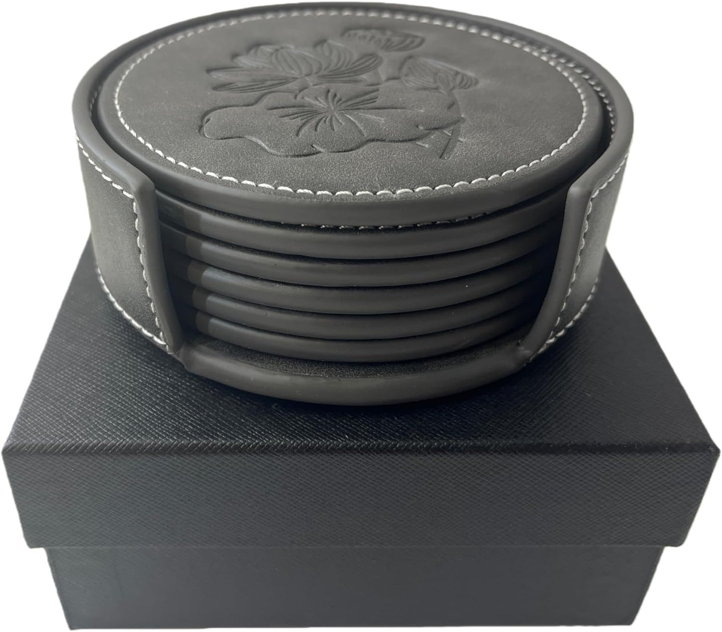 Custom Vintage Coasters Set of 6, Leather Coasters with Holder, Coaster for Office Desk, Non-Slip, Non-Stick, Easy Clean, for Housewarming Gifts, Home Decor, Wooden Table, Coffee Table, Bar (Gray)