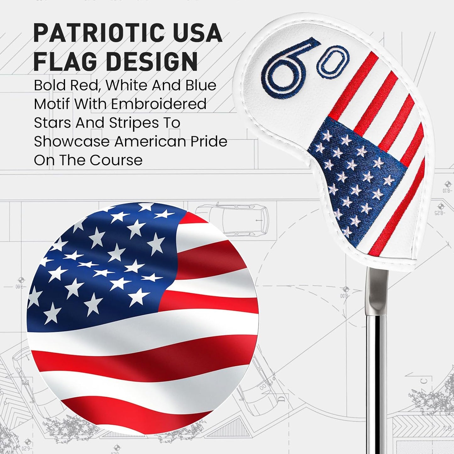 Golf Iron Wedge Head Covers 52° 54° 56° 60° 1 or 4 Pack, Synthetic Leather Clover USA Flag Design Club Head Protection, Universal Headcover Fit Iron Clubs for Men Women