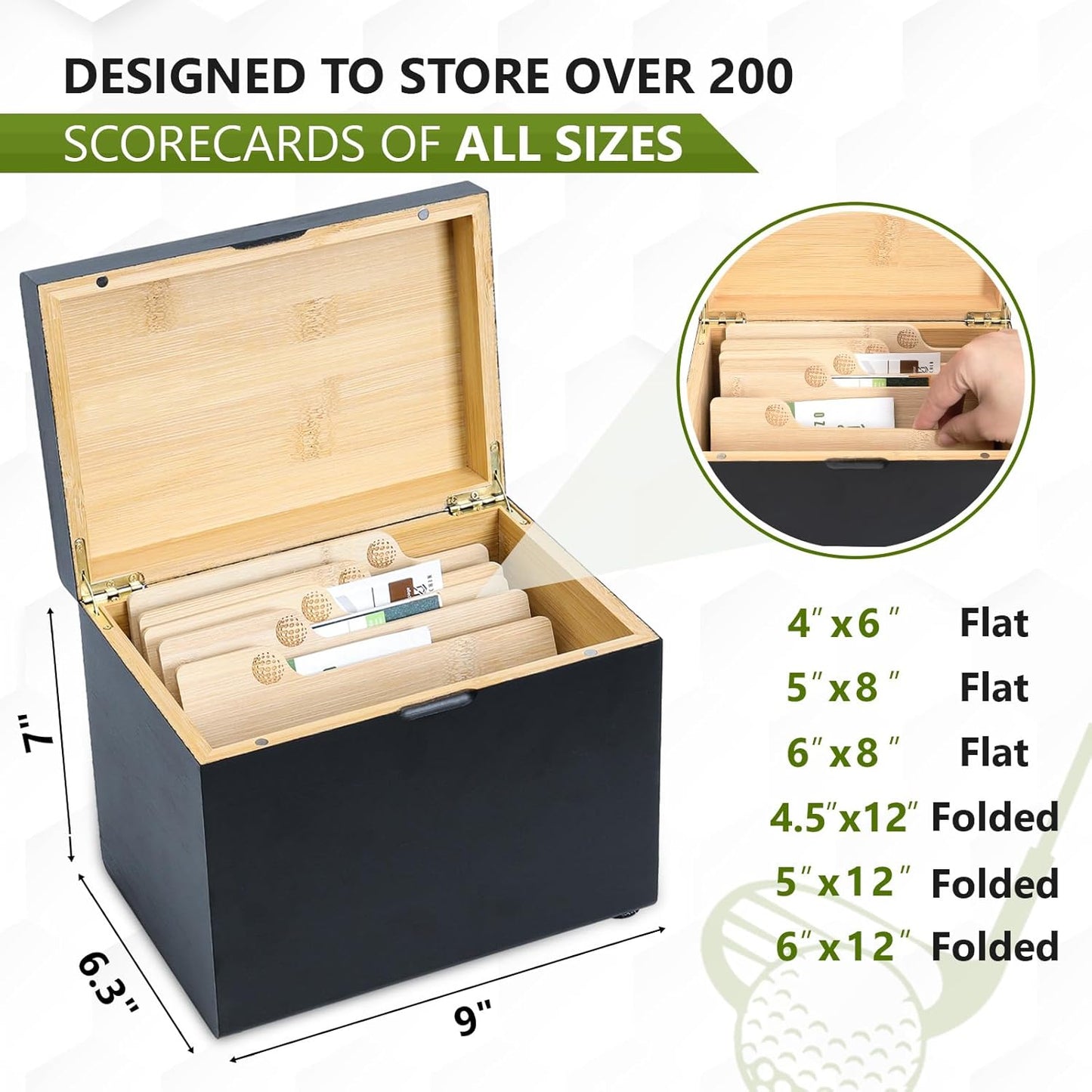 Golf Storage Box Golf Gifts - Golf Scorecard Collection Box with 5 Wooden Dividers - Golf Organizer for Scorecards, Photos, Keepsakes; Fathers Day Dad Gifts for Men from Wife (Black)