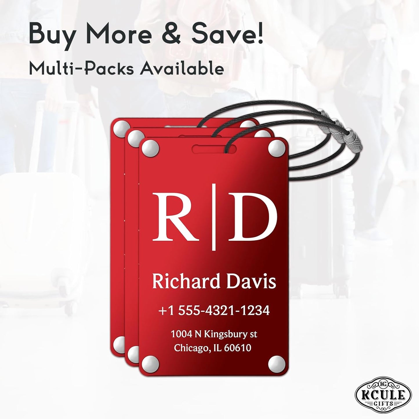 Personalized Luggage Tags for Suitcases - Monogram Style Aluminum Custom Luggage Tags for Backpacks & Bags, Sturdy, Waterproof & Heavy Duty (Red/Card-Sized)