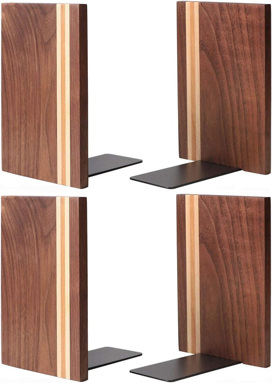 Muso Wood Artist Bookends, Decorative Bookshelf Book Ends Heavy Duty Bookends Desktop Organize Books Wooden Book Ends for Home Office Kitchen 6"x4" Walnut 4pcs