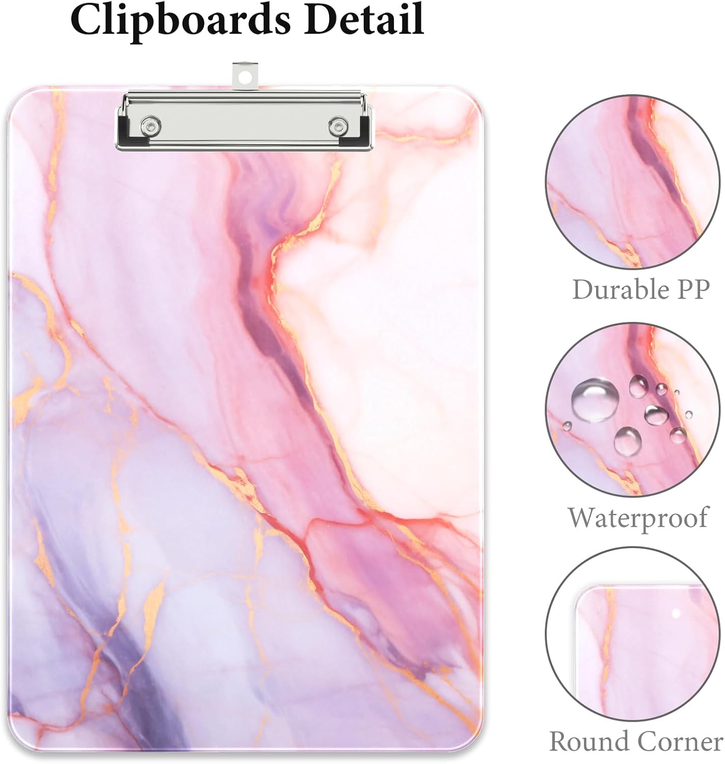 Rimilak Plastic Clipboards with Metal Clip, A4 Letter Size 9 x 12.5 in, Office Decorative for Students Women Men and Kids, Cute Custom Pattern, Pink Gold Marble