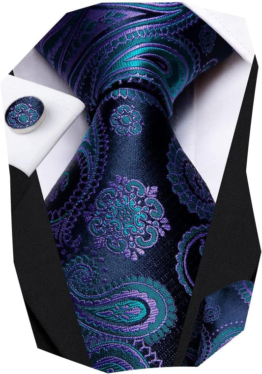 Hi-Tie Men 63inches Tie Set Extra Long Necktie Paisley Tie Pocket Suqare Cufflinks Big and Tall Men Tie