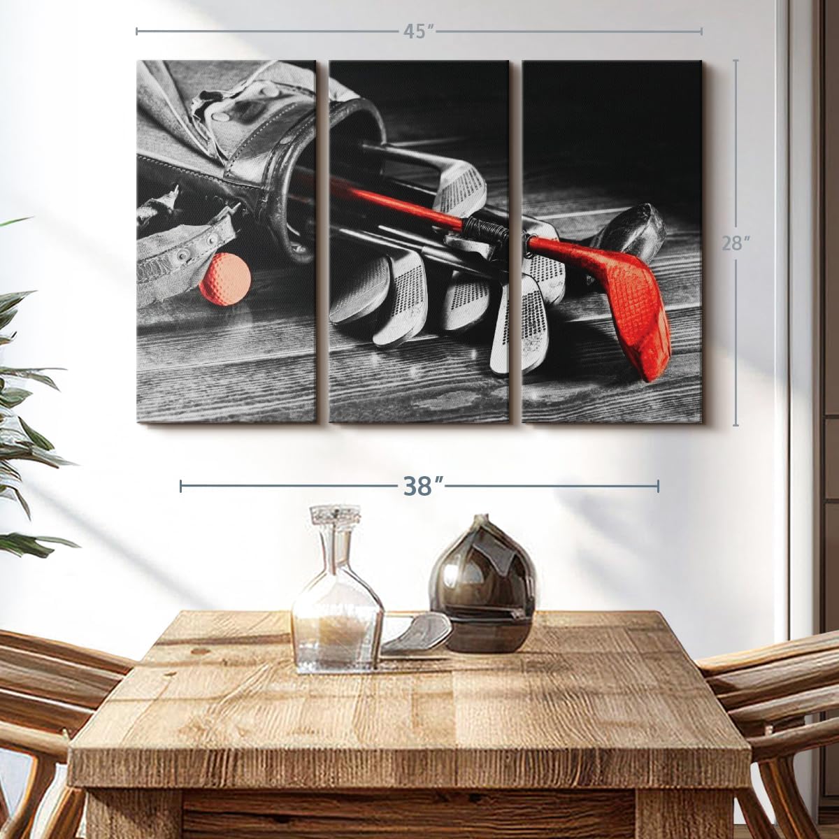ElephantStock Golf Equipment Pop Wall Art - Horizontal Canvas - 3-Piece Living Room Wall Decor - Photography Sports Canvas Print - Black and Gray Decor for Wall - 45" X 28"