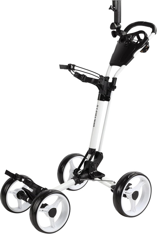 Folding Golf Push Cart 4 Wheel with Foot Brake – 1-Second Open & Close Golf Bag Cart, Adjustable Handle, Ball-Bearing Wheels, Lightweight Aluminum Frame, Umbrella Holder Included