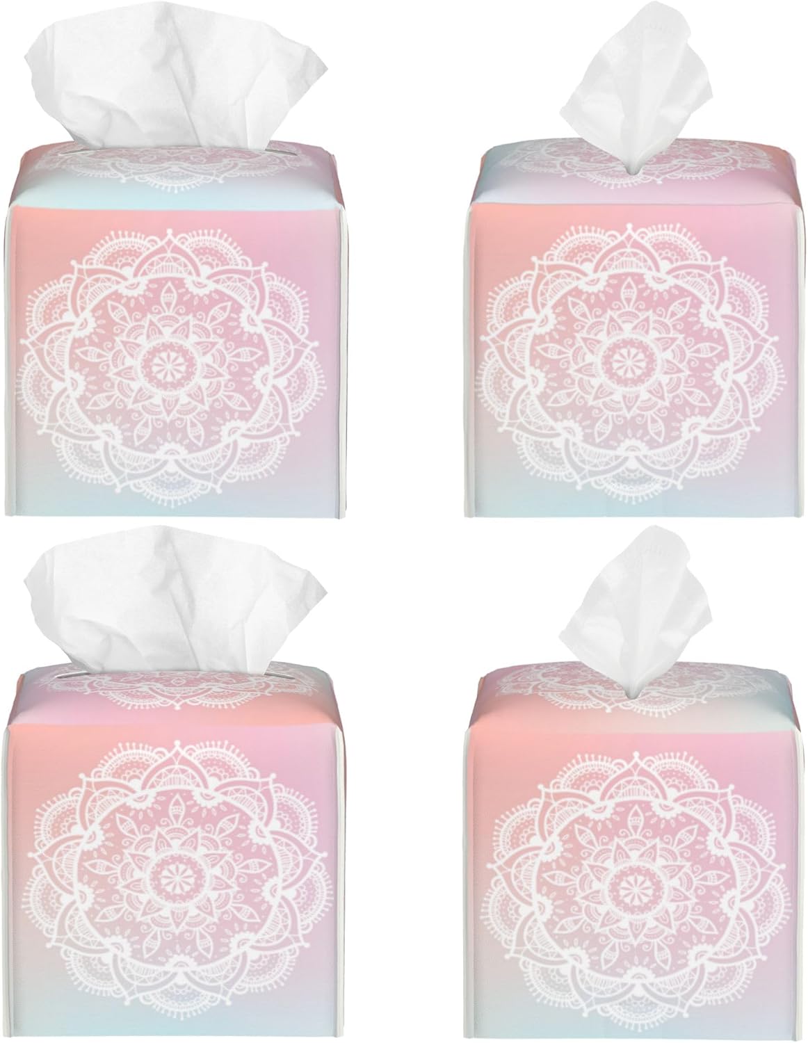 Pink Boho Mandala Flower Tissue Box Cover Square,Abstract Mandala Floral Tissue Box Holder Waterproof Leather Facial Paper Organizer Dispenser for Bathroom Home Car Nightstand Vanity Desk