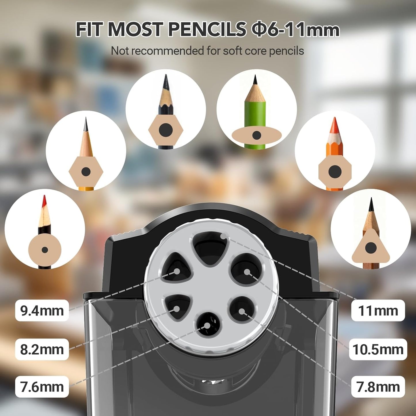 AFMAT PSD4 Electric Pencil Sharpener Heavy Duty, 6 Holes, Cordless & Rechargeable, Super Fast, Auto Stop, 10K+ Uses, Classroom Pencil Sharpener for 6-11mm No.2/Large/Colored Pencils, Black