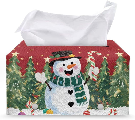 Cute Snowman Tissue Box Cover Cube Christmas Tissue Box Holder Waterproof Leather Facial Paper Organizer Holiday Decor for Bedroom Living Room Bathroom