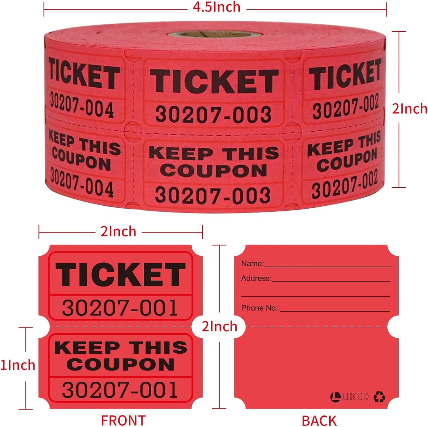 L LIKED Raffle Tickets Double Rolls 1000 per Roll 50/50 Raffle Tickets for Events, Entry, Class Reward, Prizes (Red)