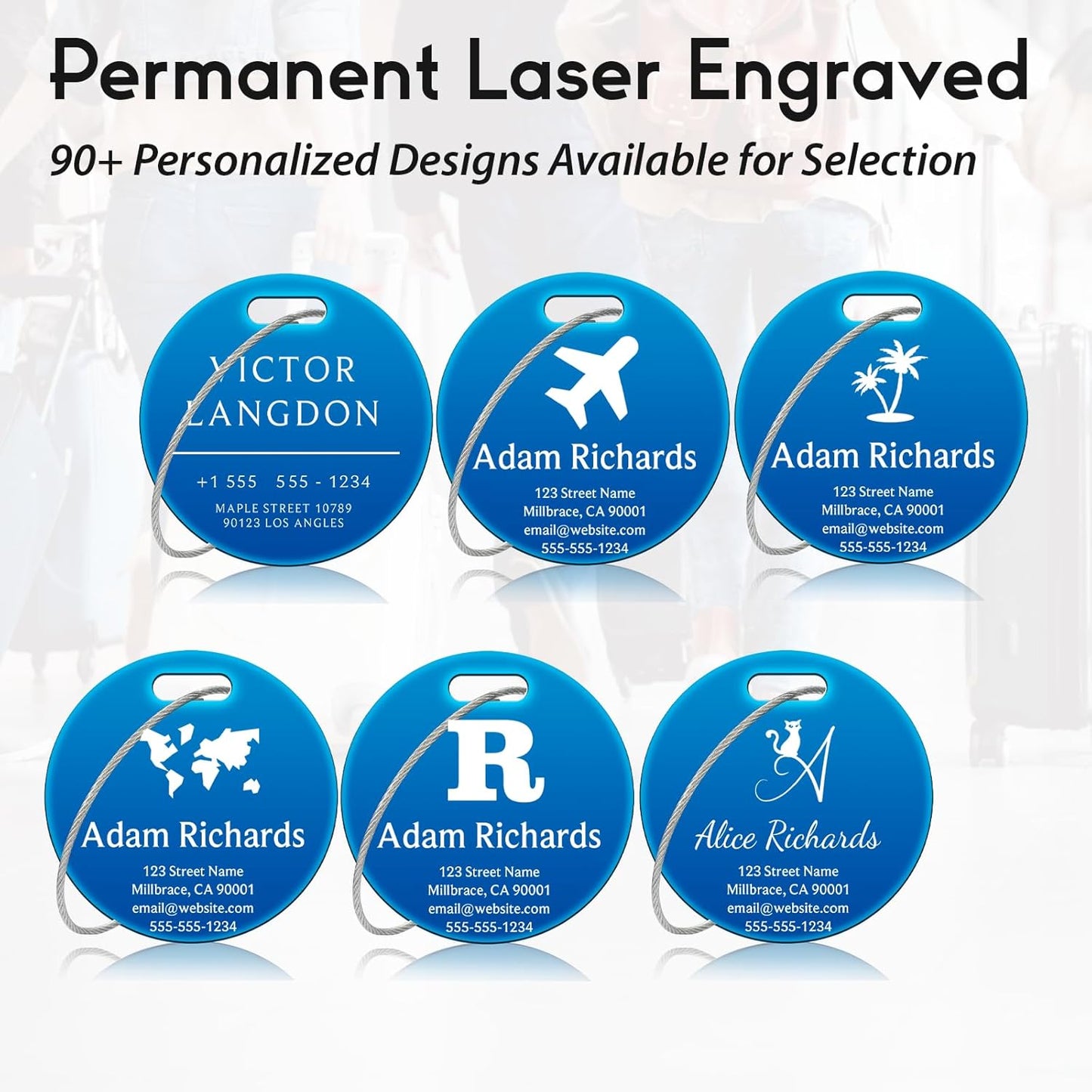 Customized Stainless Steel Luggage Tags: Personalize Your Suitcases, Backpacks, and Bags with Your Text (Blue)