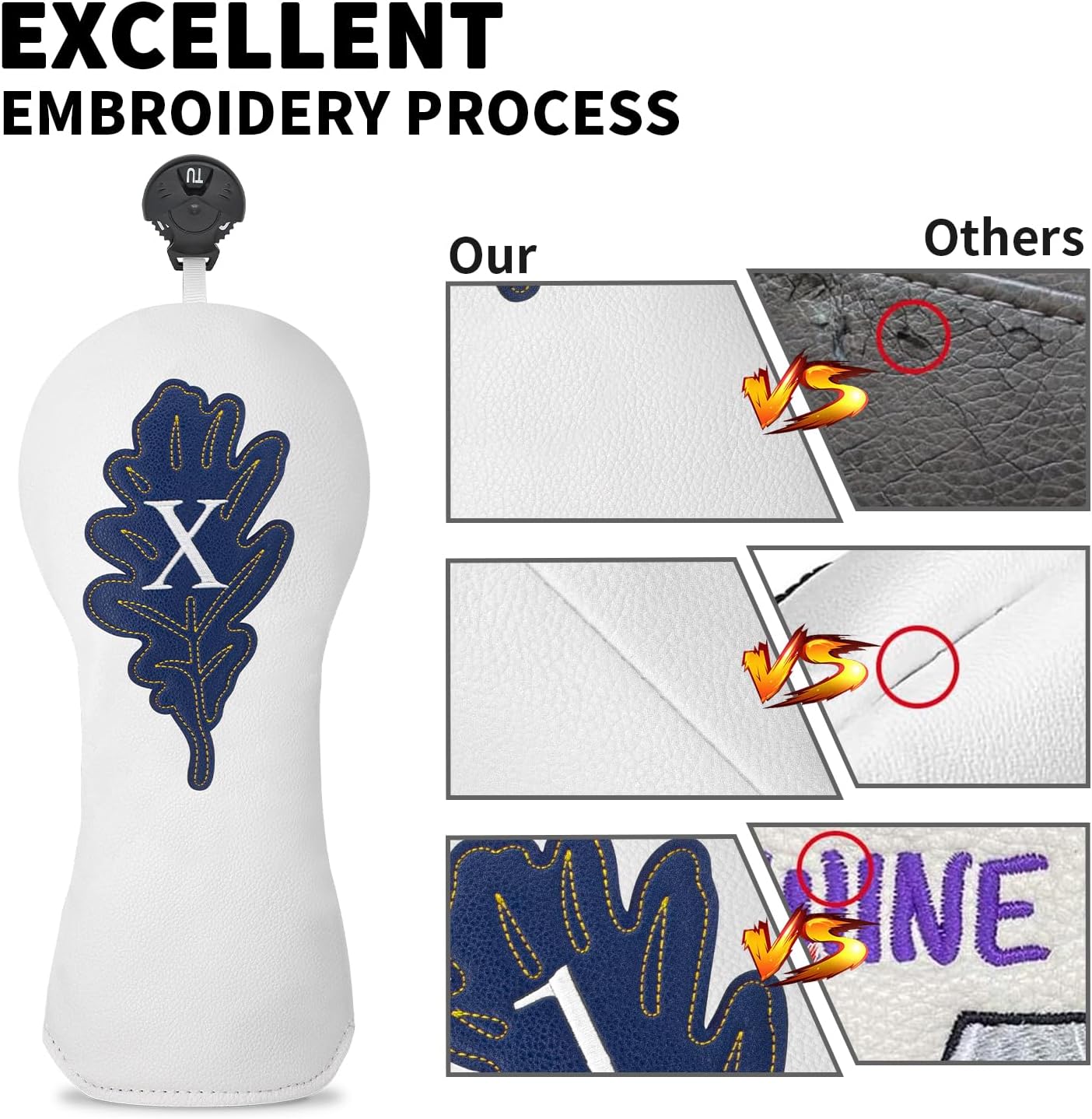 Golf Maple Leaves Head Cover Golf Club White Leather Headcovers Set Fits Driver Fairway Wood Hybrid Utility Putter Iron Wedge Headcover.