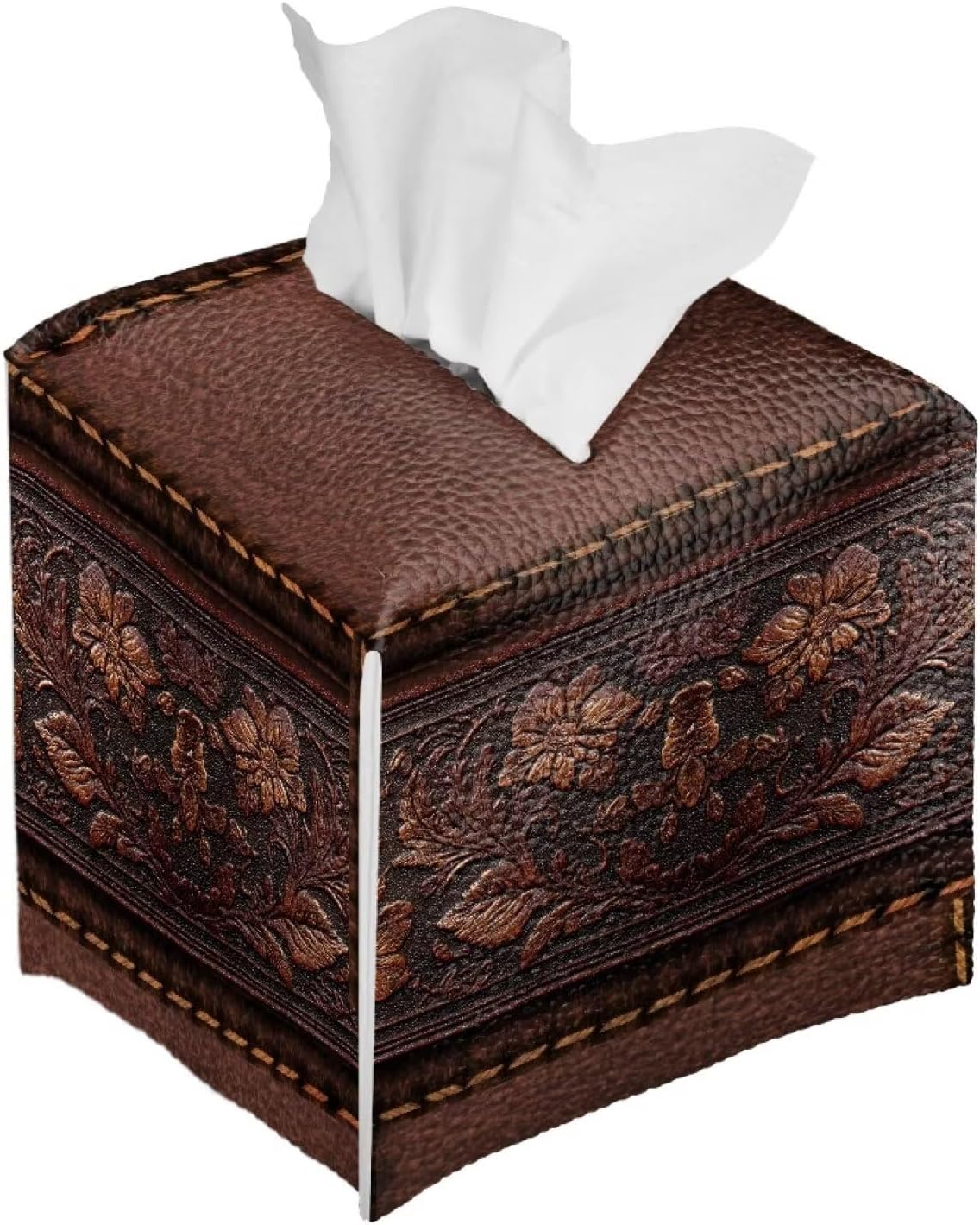 Retro Tissue Box Cover Square Tissue Holder Brown Facial Paper Box Holder Modern Home Bathroom Living Room Decor Leather Material & Waterproof