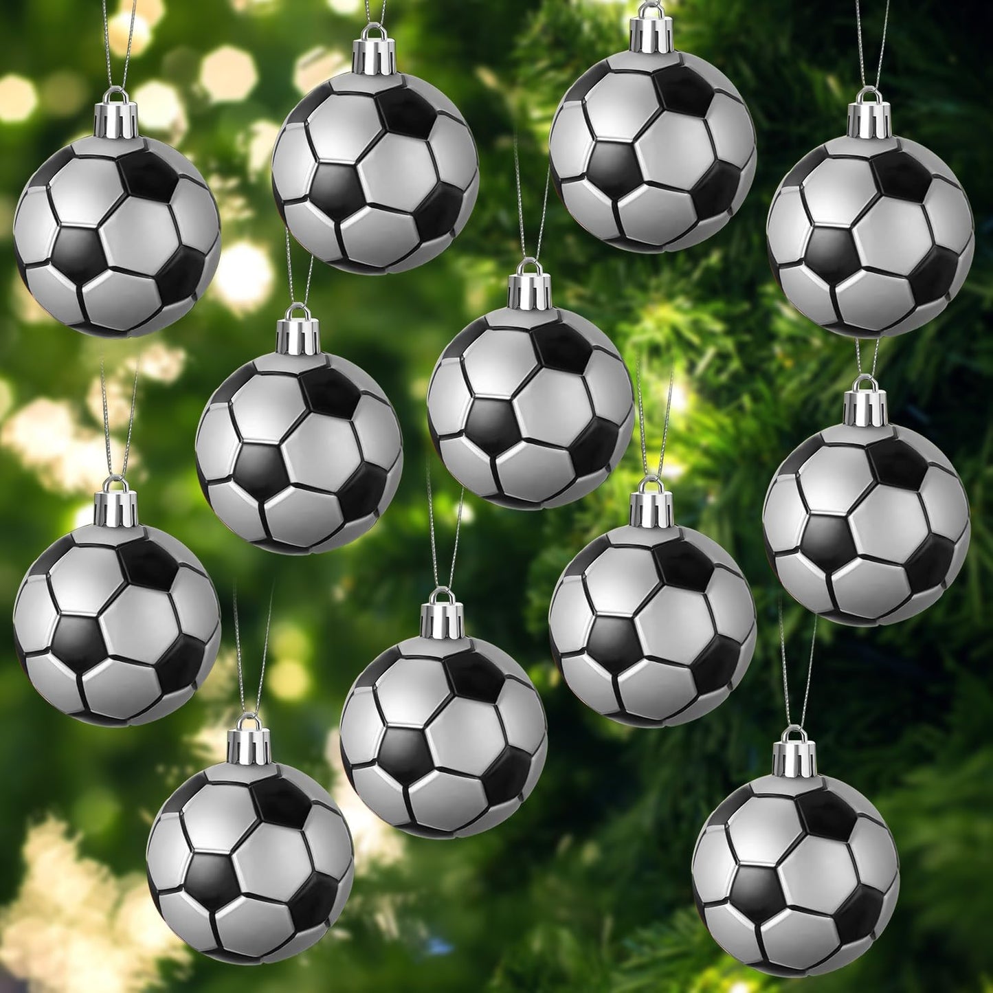 Leitee 12 Pcs Christmas Plastic Soccer Ball 2.36 Inch Xmas Tree Ornaments with Hanging Loop Sports Theme Decorative Hanging Ornaments for Holiday Party Christmas Tree Home