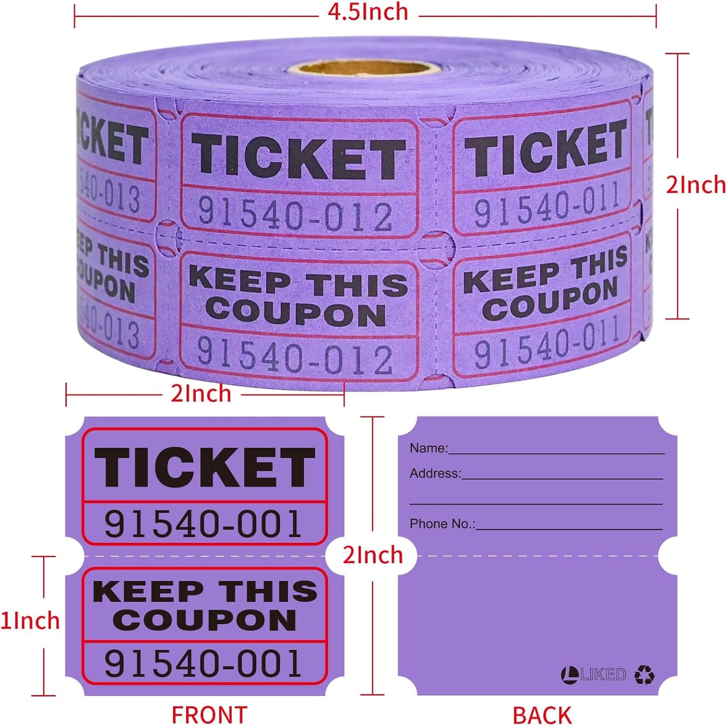 L LIKED Raffle Tickets Double Rolls 1000 Per Roll 50/50 Raffle Tickets for Events,Carnivals, Entry, Class Reward, Prizes(Purple)