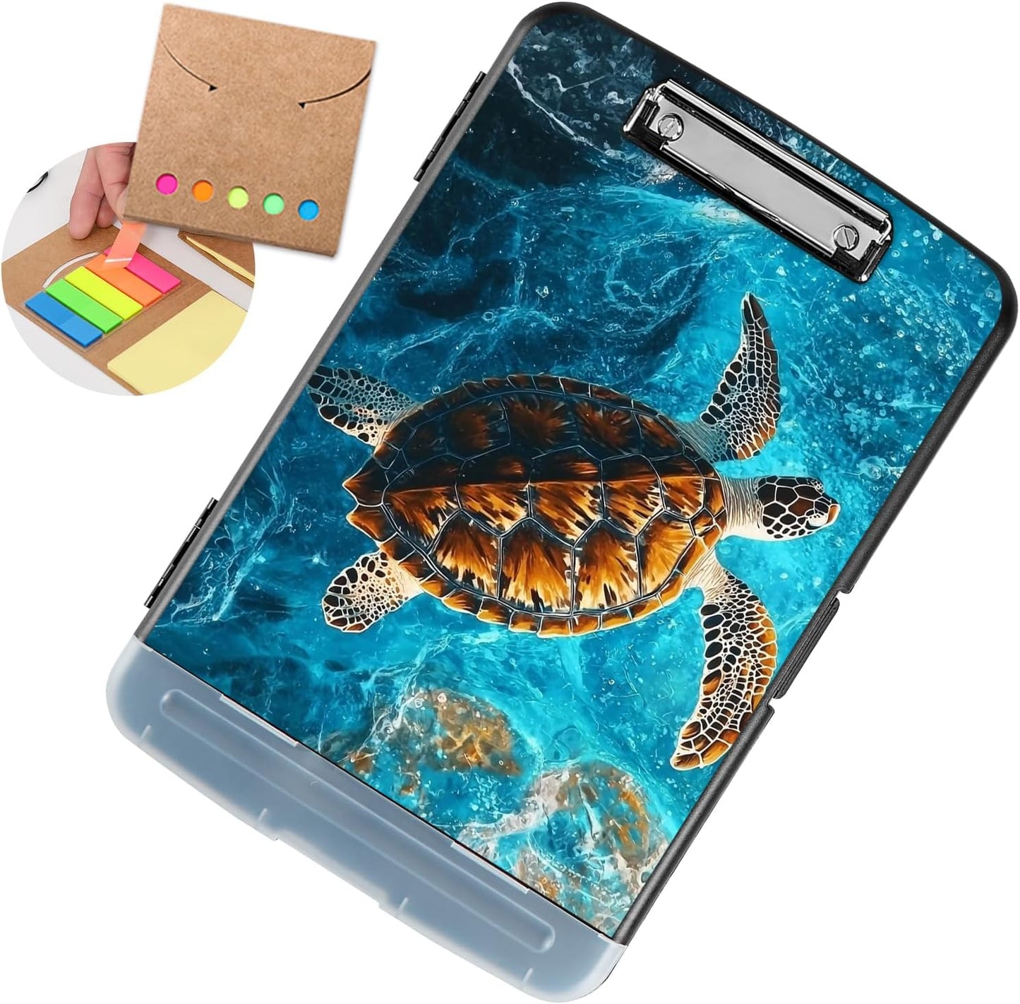 Clipboard with Storage - Large Capacity,Nursing Clipboard with Pen Holder,Heavy Duty,Plastic Side-Opening Folder for Teacher,Nurse - Swimming Sea Turtle