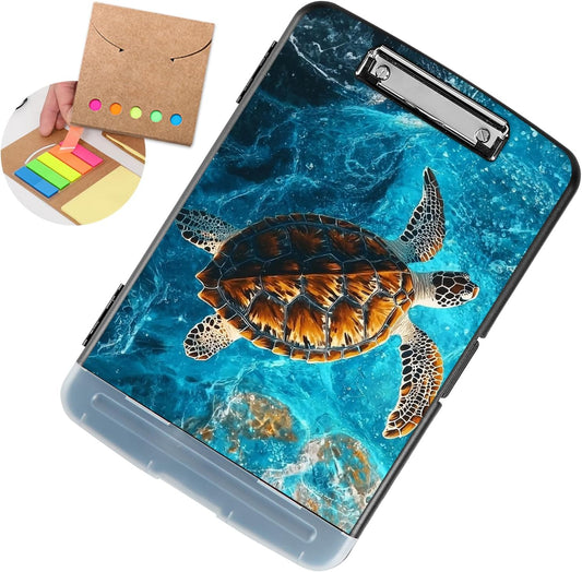 Clipboard with Storage - Large Capacity,Nursing Clipboard with Pen Holder,Heavy Duty,Plastic Side-Opening Folder for Teacher,Nurse - Swimming Sea Turtle