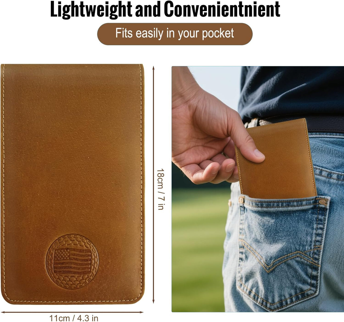 Leather Golf Scorecard Holder: USA Genuine Crazy Horse Leather Golf Yardage Book Cover with 1 Scorecard 1 Pencil Golf Notebook Back Pocket Cool Golf Gifts for Him Golfers Men