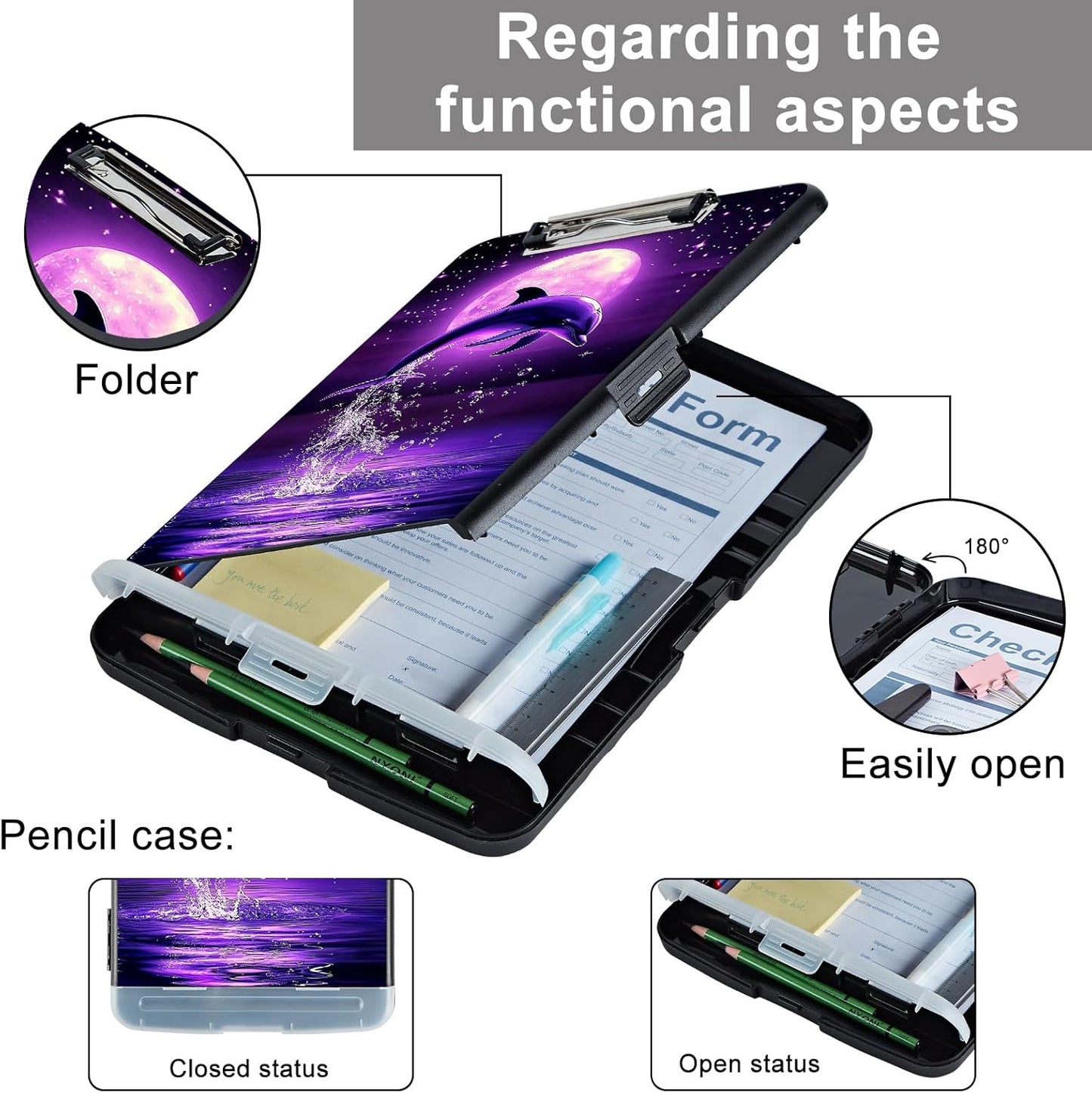 Clipboard with Storage - Large Capacity,Nursing Clipboard with Pen Holder,Heavy Duty,Plastic Side-Opening Folder for Teacher,Nurse - Purple Moon Dolphin Jumping