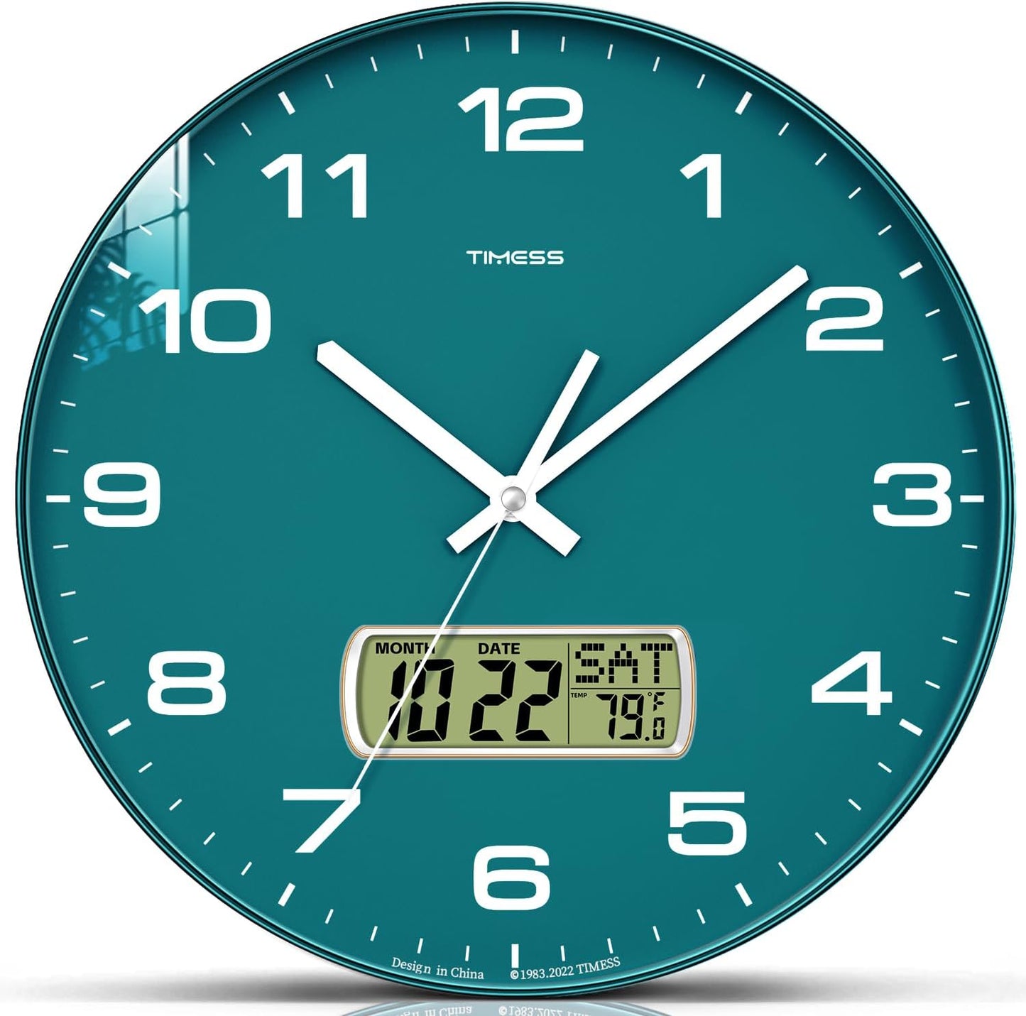 Wall Clock, 12" Dial Non-Ticking Silent Battery Operated Analog with LCD Display for Perpetual Calendar and F° Temperature, Ideal Modern Home, Bedroom, Kitchen, Office Decor (Green)