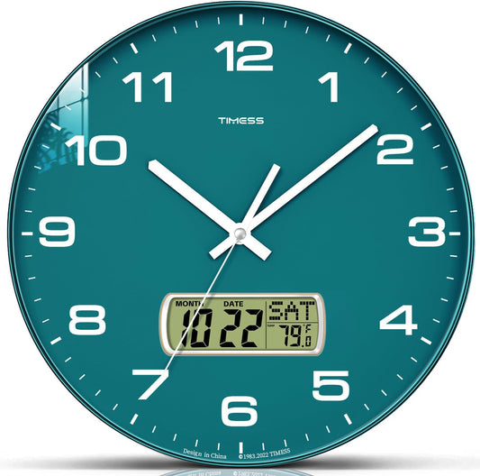 Wall Clock, 12" Dial Non-Ticking Silent Battery Operated Analog with LCD Display for Perpetual Calendar and F° Temperature, Ideal Modern Home, Bedroom, Kitchen, Office Decor (Green)