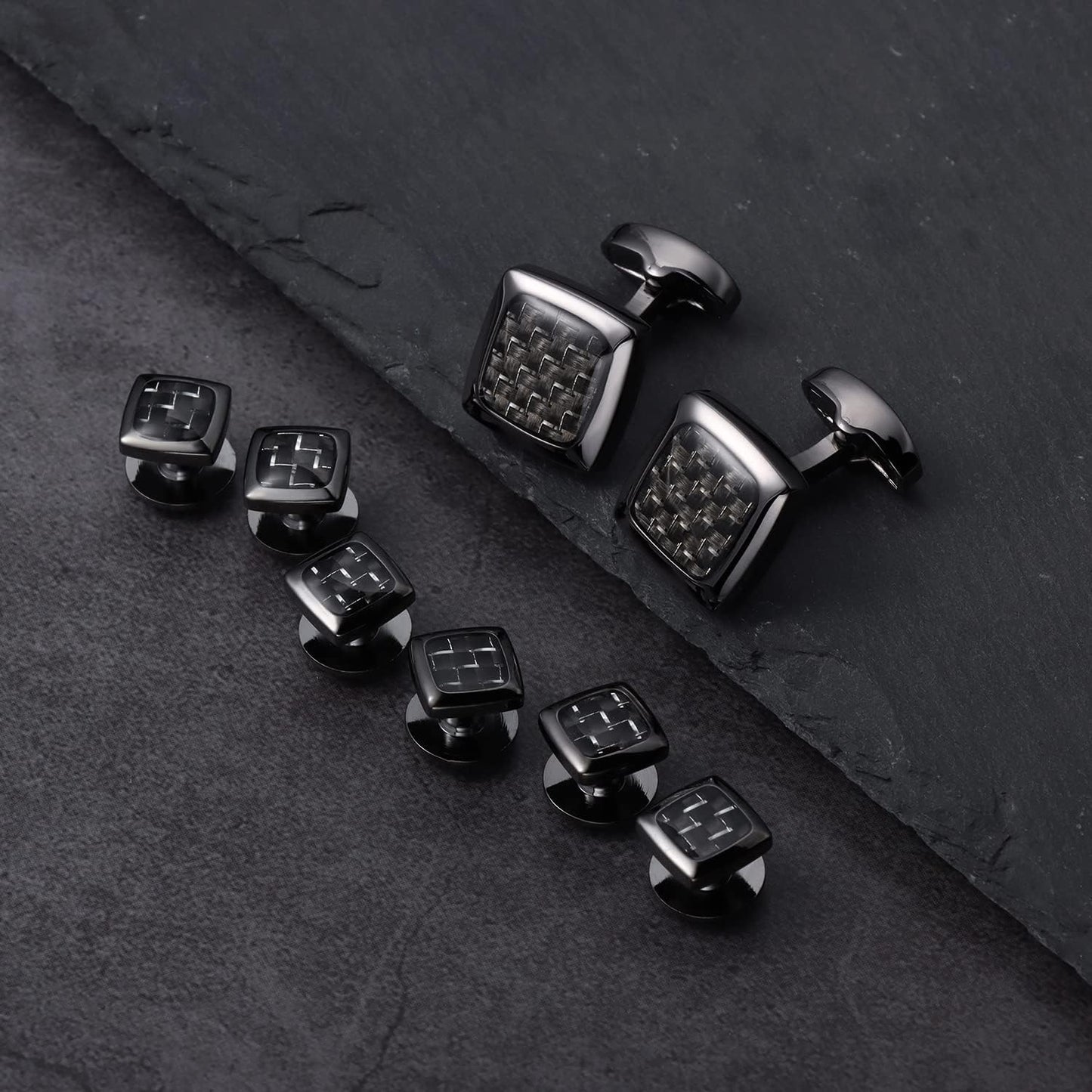 HAWSON Cufflinks and Studs for Men-Fashion Men Vintage Enamel Carbon Fiber Tuxedo Shirt Cufflinks and Studs Set for Regular Wedding Business Accessories