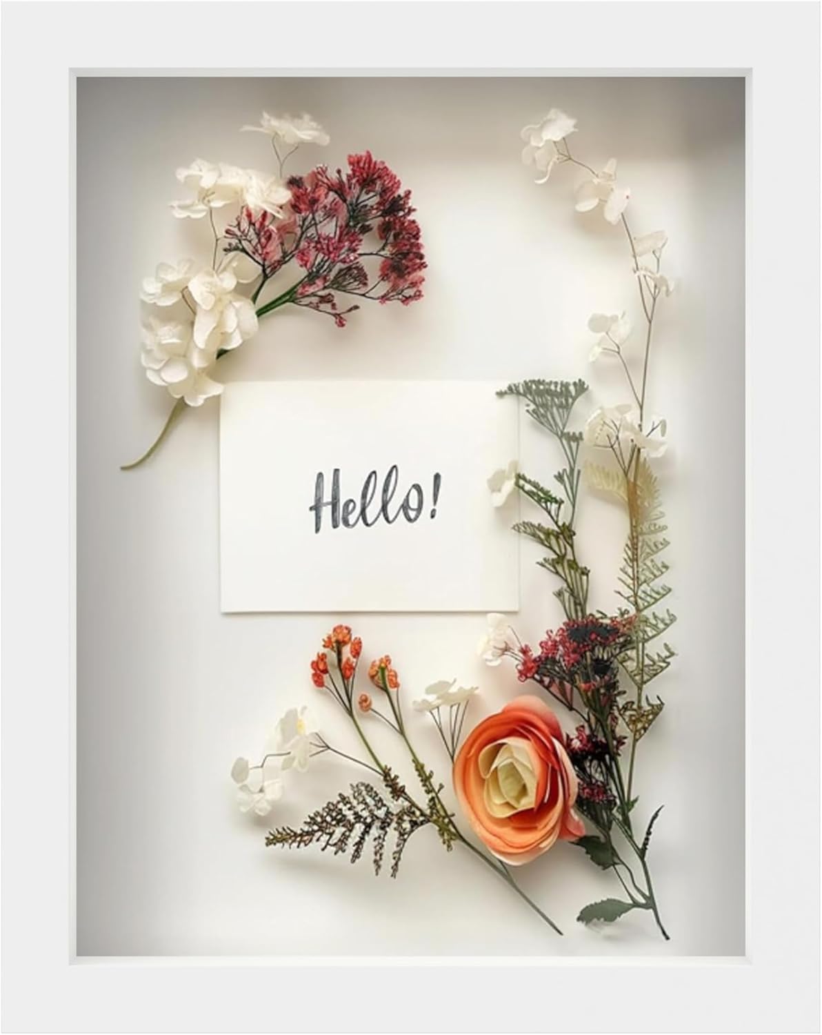 FrameWorks 8.5” x 11” White Wooden Shadow Box Frame – Display Case with Soft Felt Back, Memory Box with Tempered Glass, Display Box with Elegant White Ball Push Pins, Wooden Flower Box