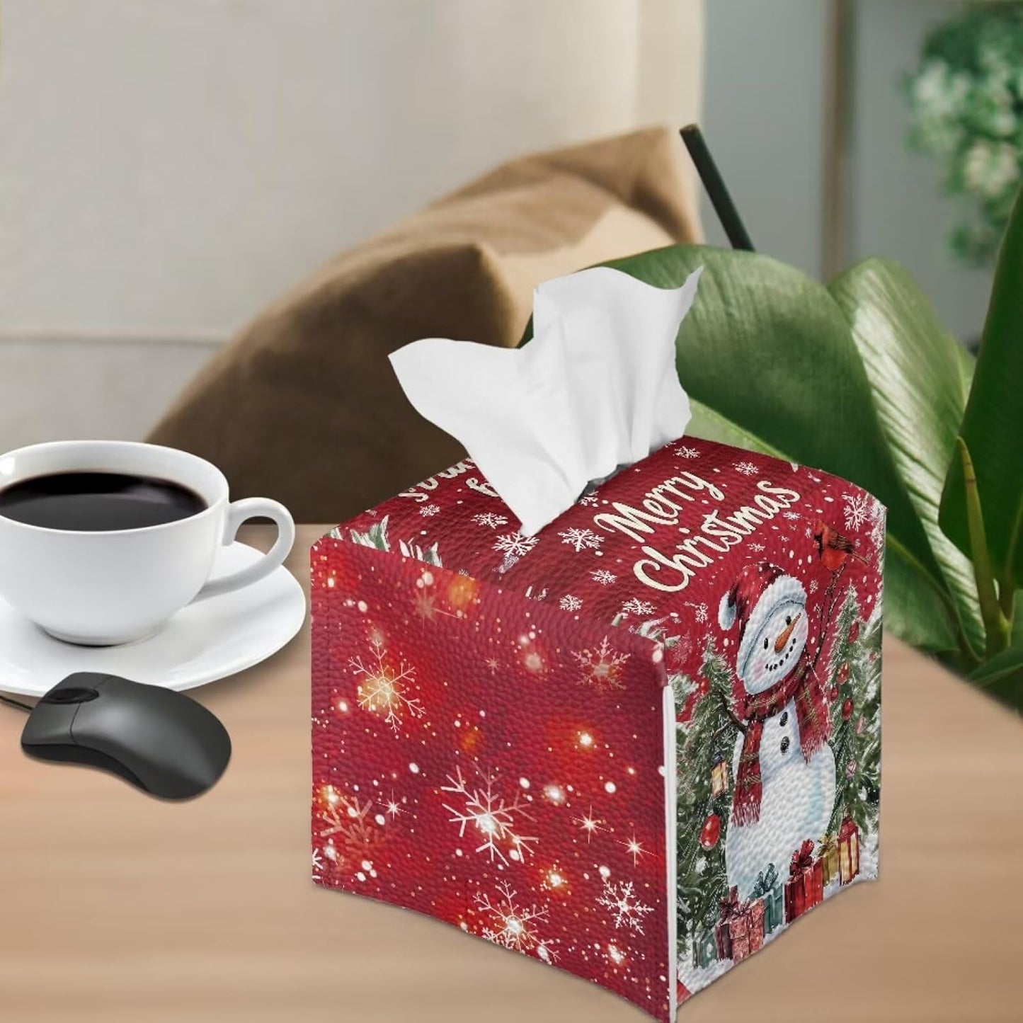 Red Tissue Box Cover Square Christmas Snowman Tissue Box Holder PU Leather Fun Tissue Box Modern Home Decor Tissue Holder for Living Room Desk Bathroom