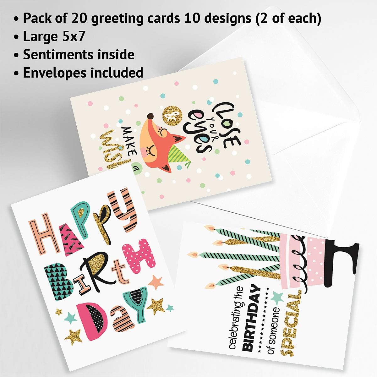 Current Simple Wishes Happy Birthday Greeting Card Set - Value Pack of 20 Cards With White Envelopes, 10 Designs, Large 5" x 7" Assortment
