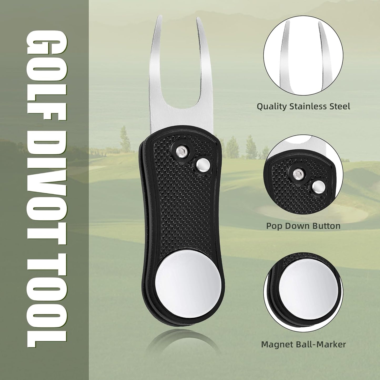 Mile High Life Golf Divot Repair Tool, All Metal Foldable Divot Tool with Pop-up Button & Magnetic Ball Marker