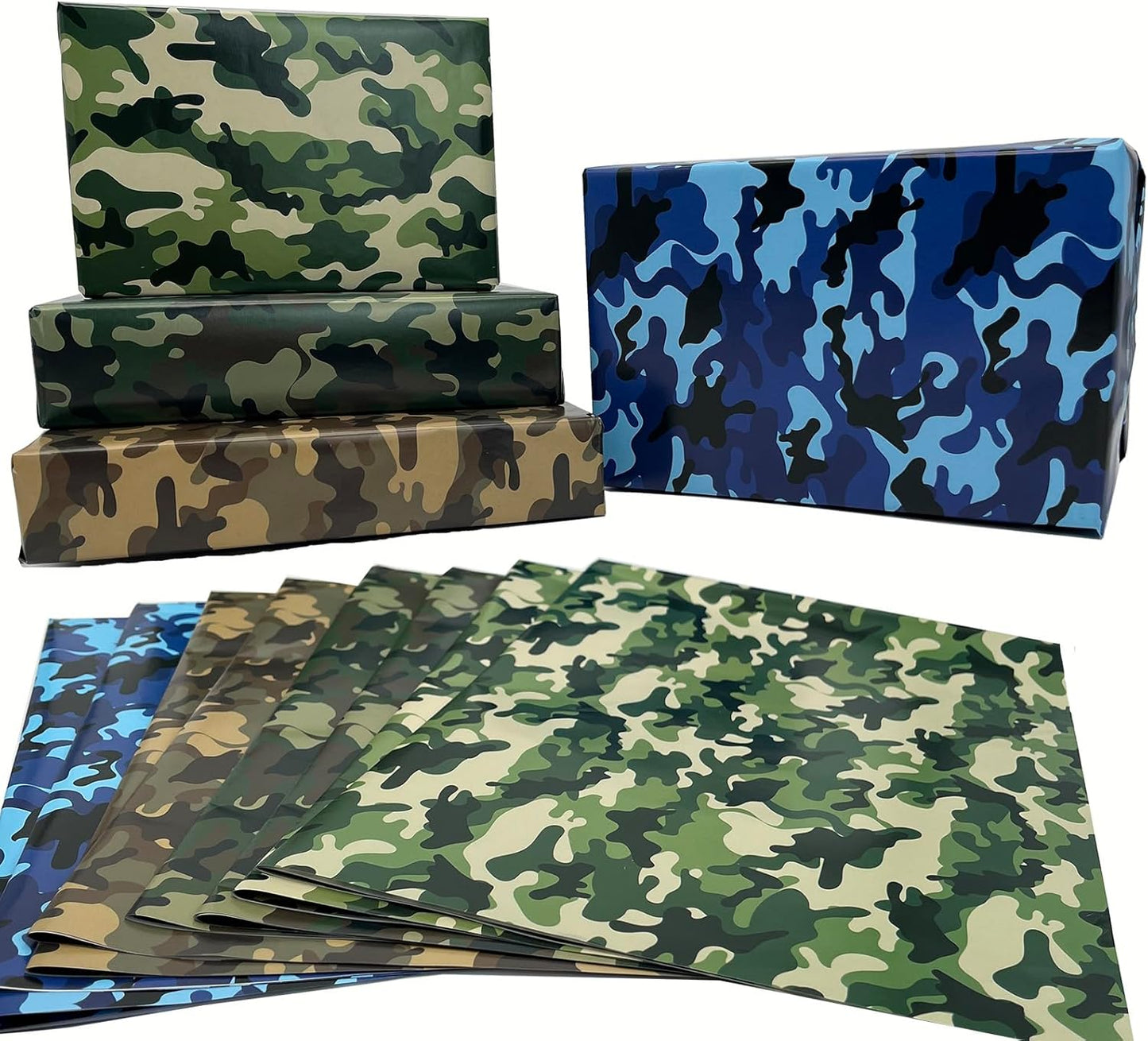 Dtiafu Camo Wrapping Paper for Men Boys Kids - Army Wrapping Paper for Birthday Veterans Day - 4 Style Green Blue Camouflage Gift Wrap - 20 X 28inch Per Sheet(8 Sheet Folded Flat)