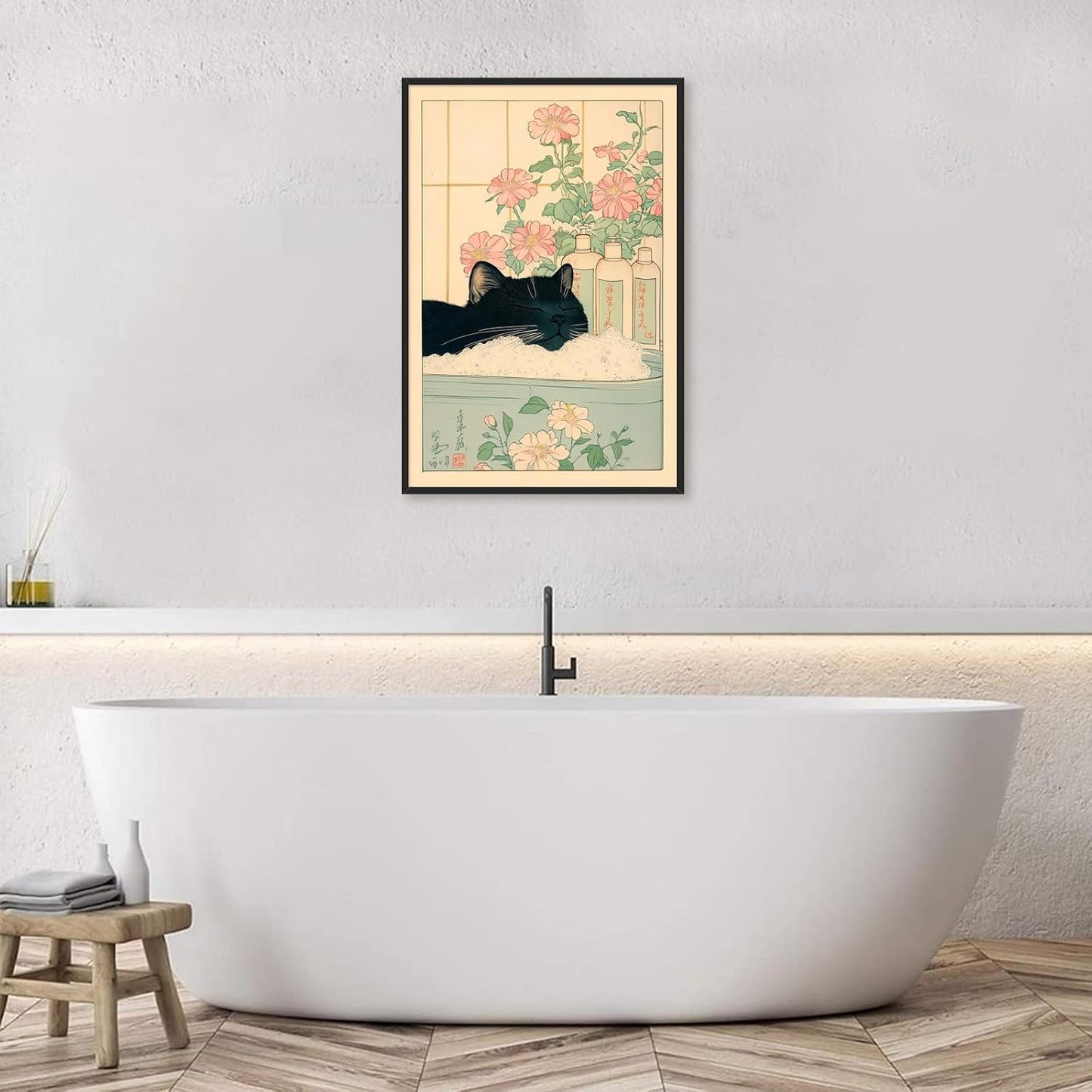 Vintage Black Cat in The Bathtub Posters Funny Bathroom Wall Art Cute Animal Lover Canvas Prints Japanese Aesthetic Neutral Minimalist Wall Decor for Restroom Toilet 20x30in Framed