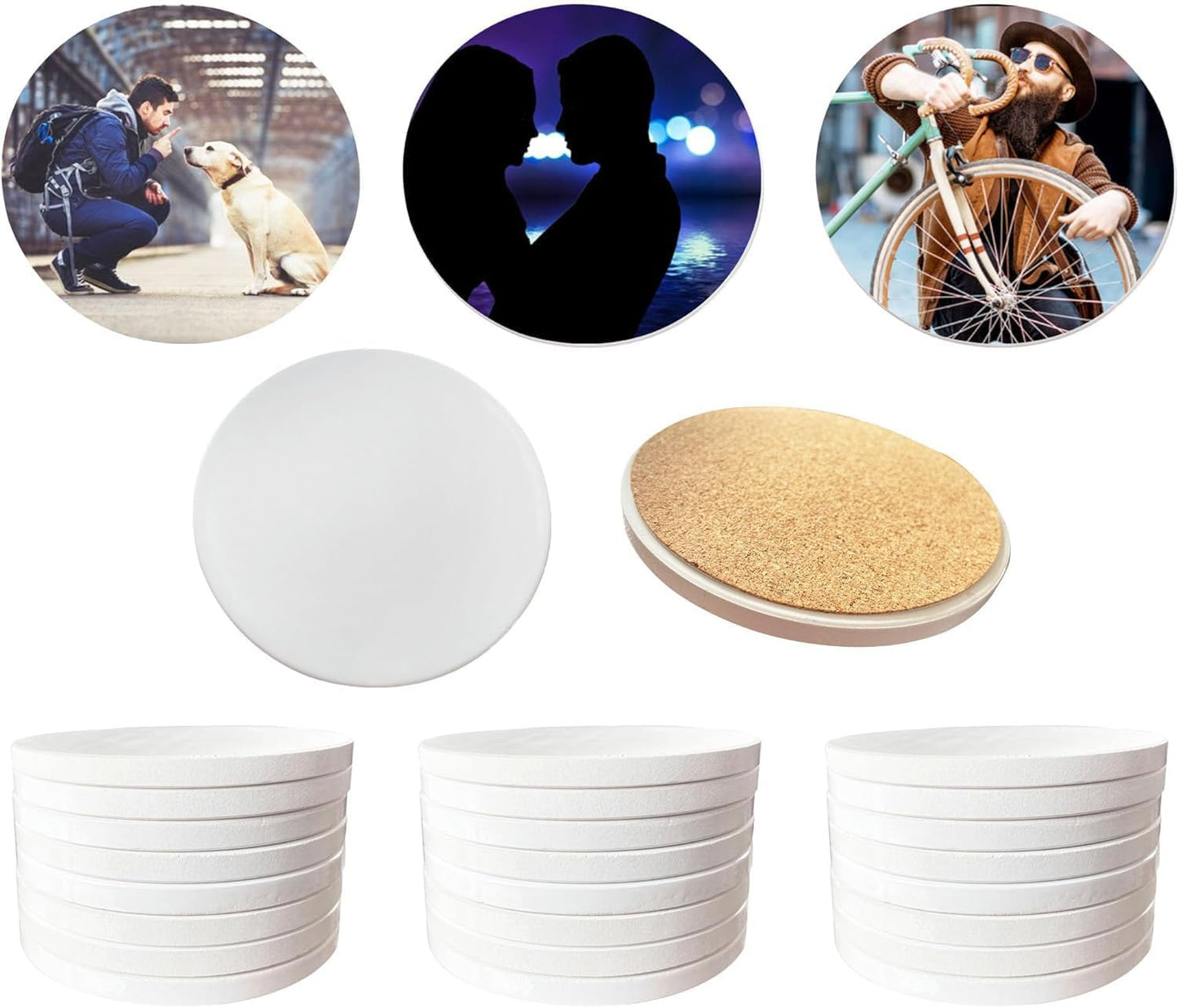 Sublimation Ceramic Coasters,Sublimation Blanks Bulk Round Drinks Coffee Cup Beverage Table Coaster, Absorbent Ceramic Heat Transfer Cup Coaster Set for Painting Home Decor with Cork (24 PCS)