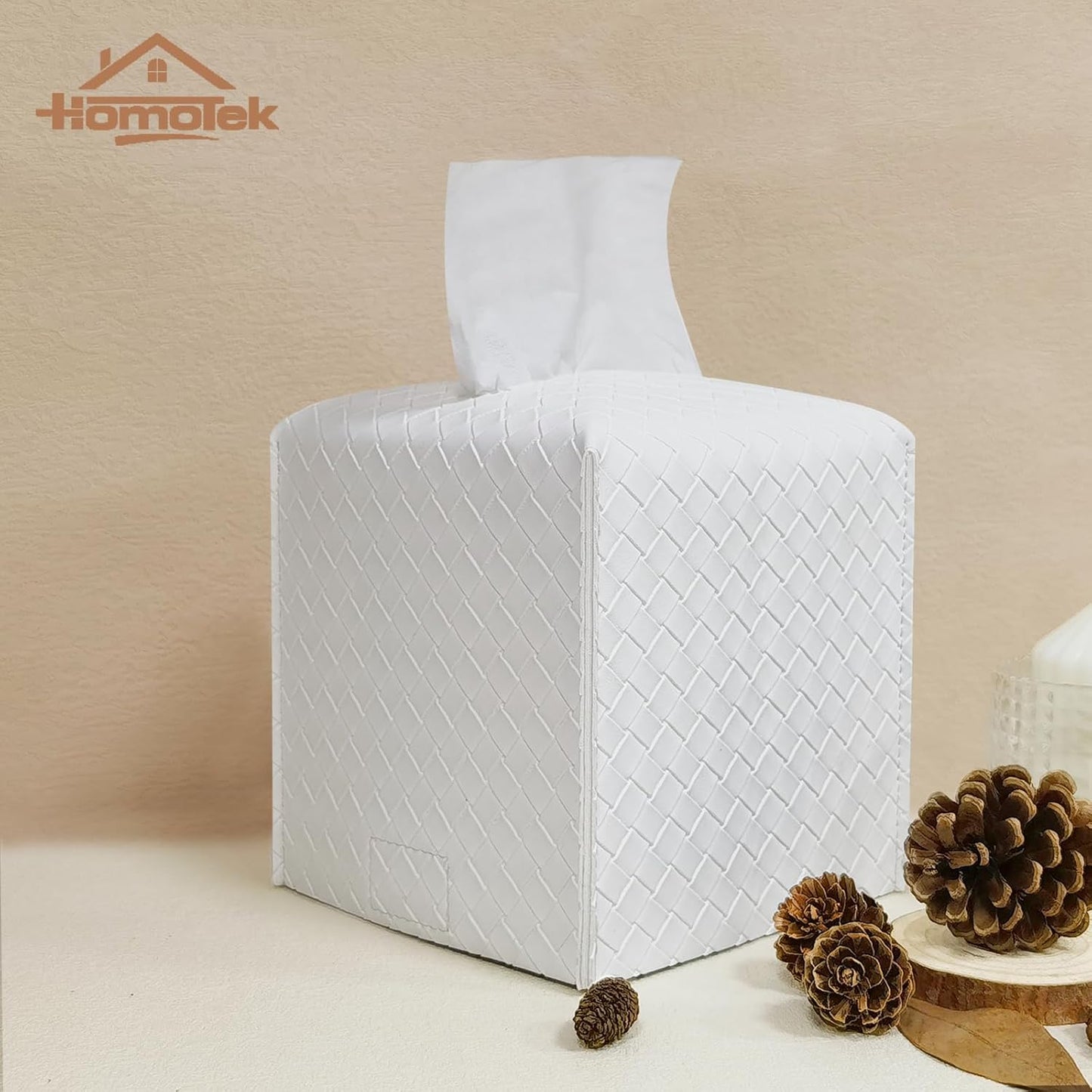 HOMOTEK 2 Pack Tissue Box Cover,PU Leather Tissue Holder,Square Decorative Facial Tissue Cube Paper Organizer Dispenser for Bathroom, Night Stands, Desk, Car 5X5X5'' - Woven Waffle, Pure White