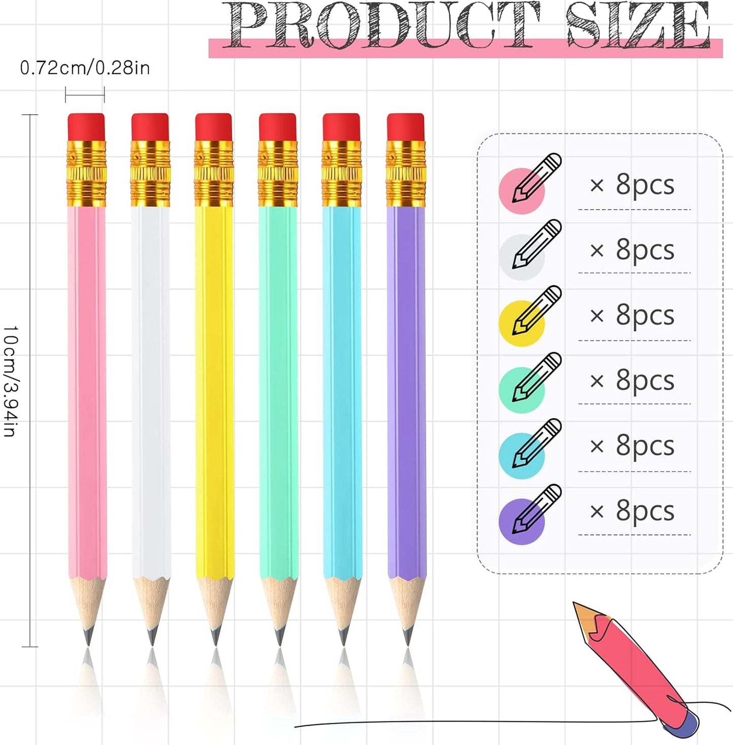 Zonon 48 Pieces Golf Pencils Mini Half Pencils with Eraser Short with Erasers Bulk Small for Kids HB Wedding Bridal School Office Writing Drawing Pocket(Pink, Yellow, Purple, Blue, White, Green)