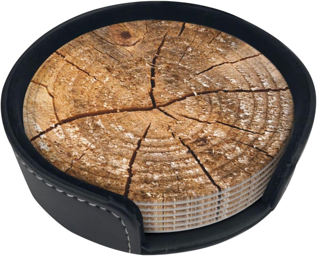 Tree Rings Wooden Old Wood Rustic Coasters for Drinks Round Leather Coaster with Holder Set of 6 for Tabletop Protection Desk Accessories Office Home Room Decor