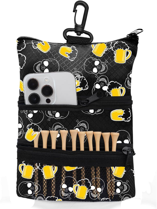 Golf Bag Accessories Valuables Pouch Bags Multi Pocket Zipper Hook with 10 Pcs Wood Golf Tees for Men Women